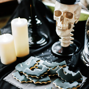 eli skeleton masquerade birthday party table decor cookies candles skull