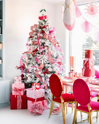 nutcracker christmas party pink red decor white covered tree