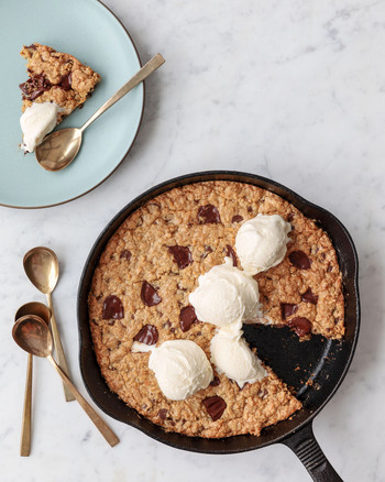 chocolate chip skillet cookie served with ice cream