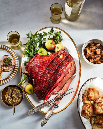 pomegranate glazed ham with jammy cipollinis