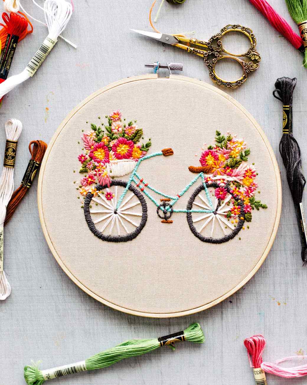 Embroidered Bicycle with Basket of Flowers | Martha Stewart