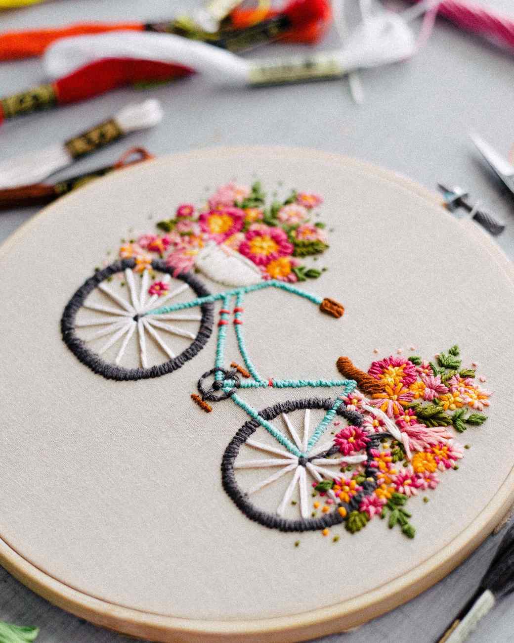 Embroidered Bicycle with Basket of Flowers | Martha Stewart