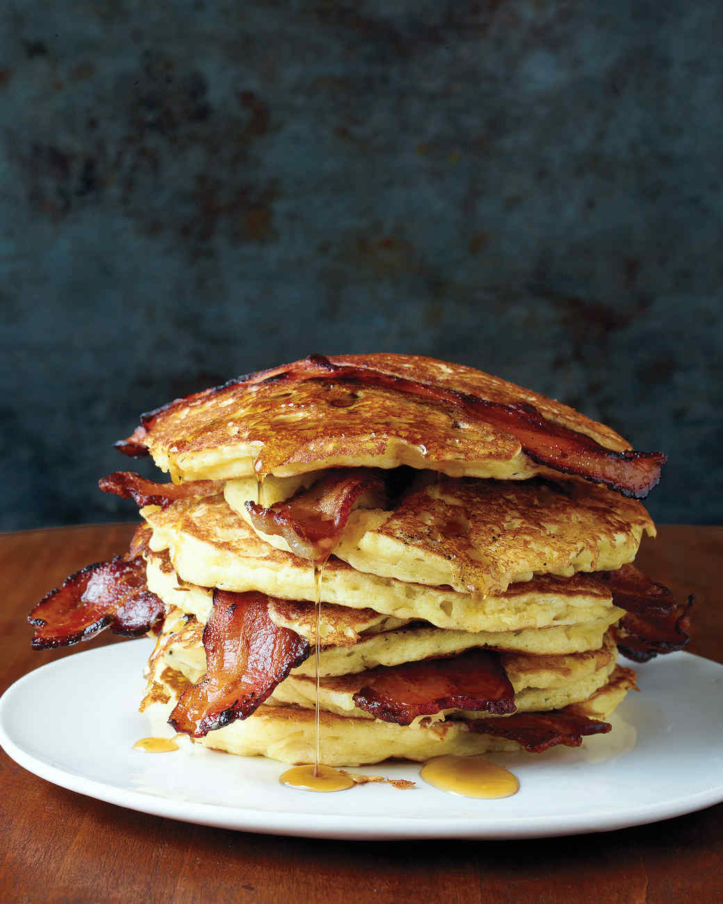 Jacked Up Stacks 10 Extreme Pancake Recipes Martha Stewart   Med106330 1210 Bacon Pancakes Vert 