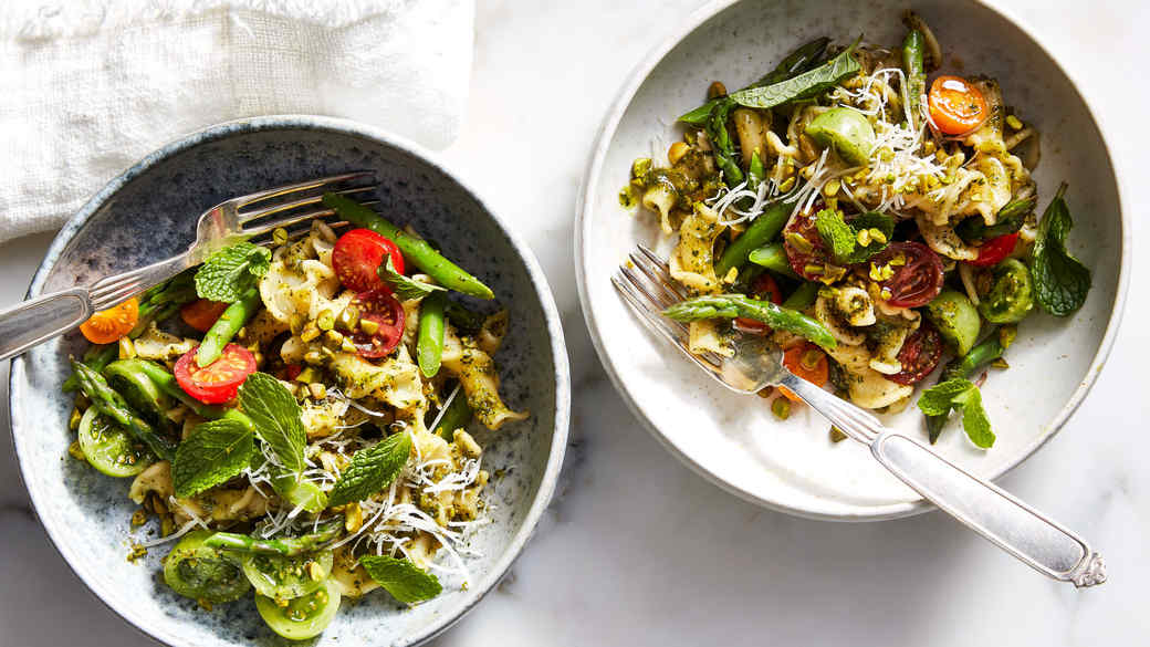 pasta pistachio mint pesto asparagus tomatoes