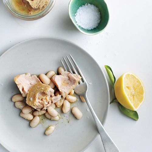 tuna and beans on gray plate tuna and beans on gray plate