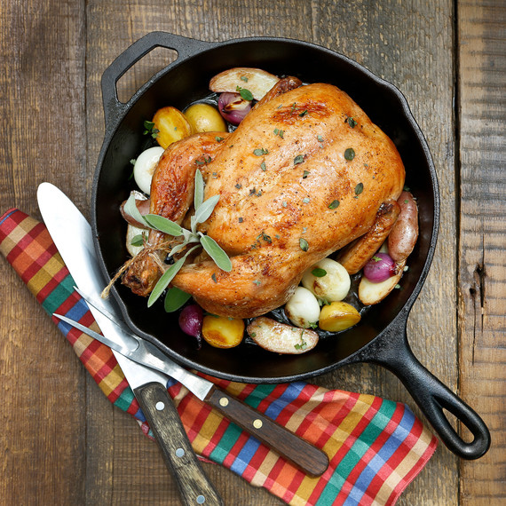 Roast Chicken with Potatoes and Onions in Cast Iron Pan Roast Chicken with Potatoes and Onions in Cast Iron Pan