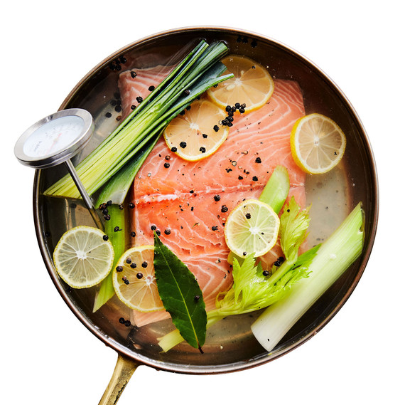 Cold-Poached Salmon in skillet with thermometer Cold-Poached Salmon in skillet with thermometer
