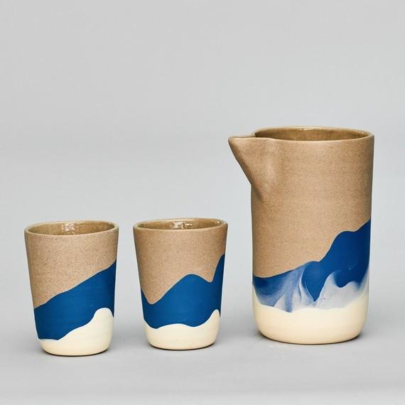 tan blue and cream ceramic pitcher and cups tan blue and cream ceramic pitcher and cups