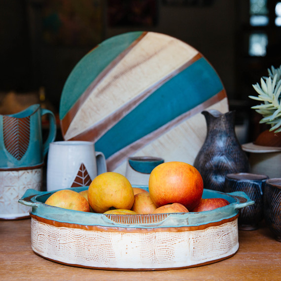 turquoise ceramic pottery with oranges turquoise ceramic pottery with oranges
