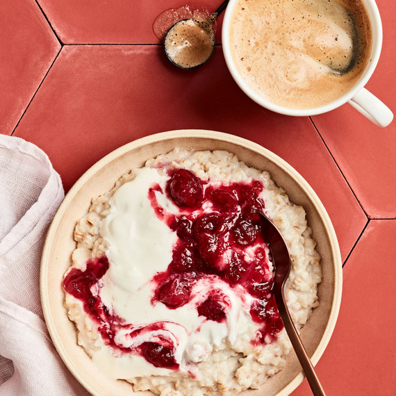 oatmeal and yogurt topped with cranberry sauce oatmeal and yogurt topped with cranberry sauce