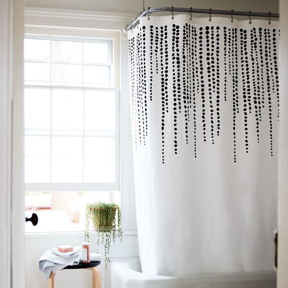stenciled shower curtain white with black dots