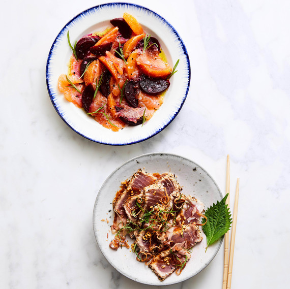 arctic char and sesame tuna on plates arctic char and sesame tuna on plates