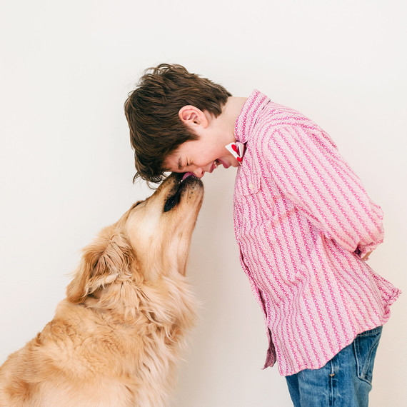 dog licking boys face against white wall dog licking boys face against white wall