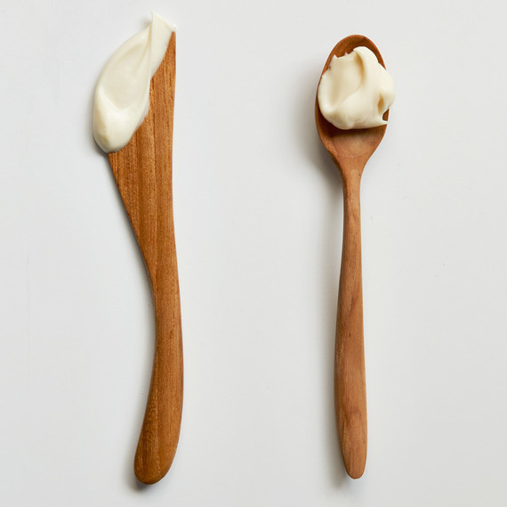 wooden spoon and knife with mayonnaise wooden spoon and knife with mayonnaise
