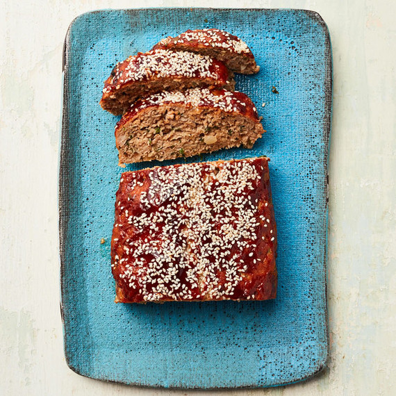 hoisin glazed turkey meatloaf on a blue platter hoisin glazed turkey meatloaf on a blue platter