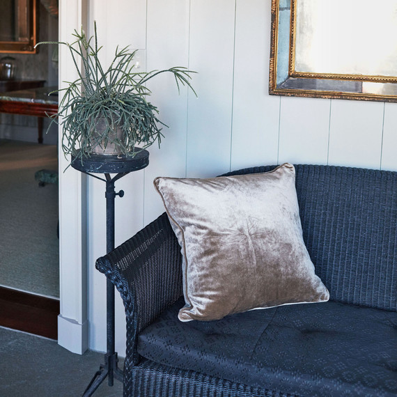 velvet pillow on wicker couch 柳条沙发上的天鹅绒枕头