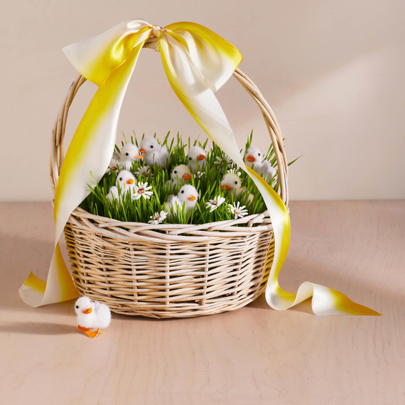 wheatgrass with foam ducklings in easter basket wheatgrass with foam ducklings in easter basket