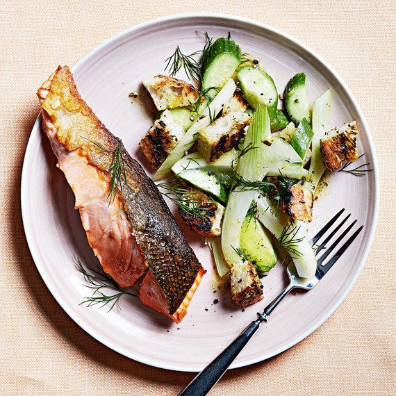 grilled salmon with rye panzanella grilled salmon with rye panzanella
