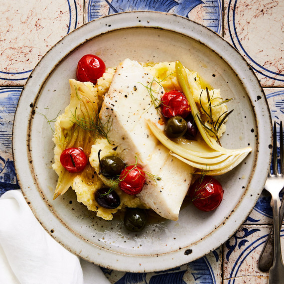 Oil-Poached Halibut with Fennel, Tomatoes, and Olives with mashed potatoes Oil-Poached Halibut with Fennel, Tomatoes, and Olives with mashed potatoes