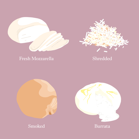Illustration of Four Varieties of Mozzarella Cheese Illustration of Four Varieties of Mozzarella Cheese