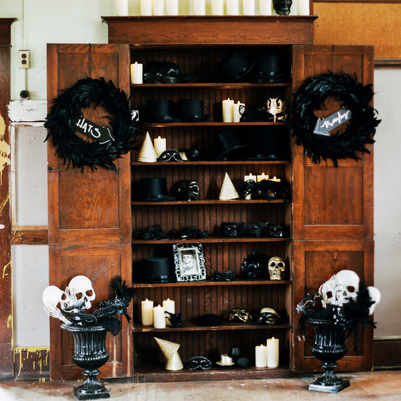 eli skeleton masquerade birthday party wooden book case hutch with black wreathes and decorations