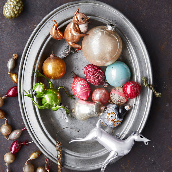 vintage christmas ornaments in silver platter vintage christmas ornaments in silver platter