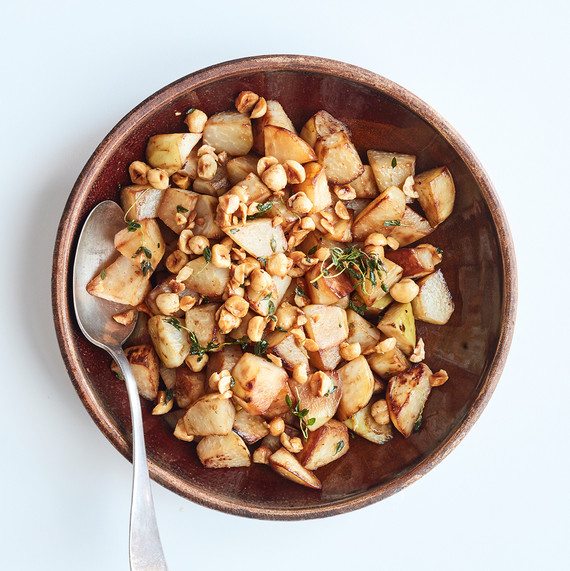 roasted kohlrabi with buttered hazelnuts in brown bowl roasted kohlrabi with buttered hazelnuts in brown bowl