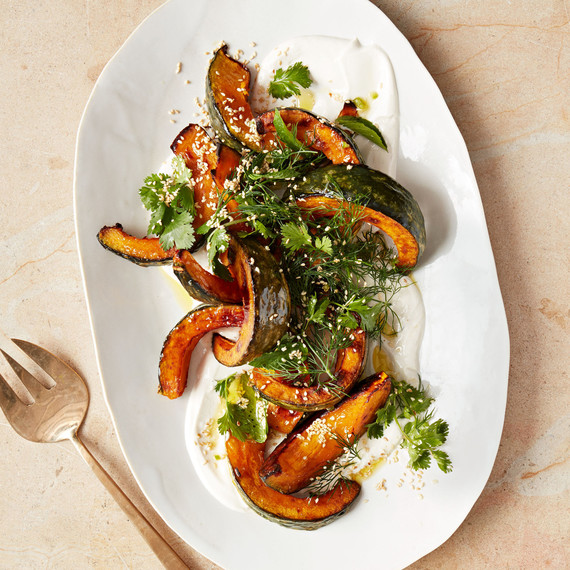 roasted kabocha with tahini and herb salad roasted kabocha with tahini and herb salad