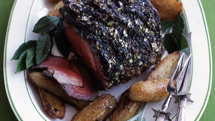 Prime Rib and Oven-Roasted Potatoes with Bay Leaves and Sage