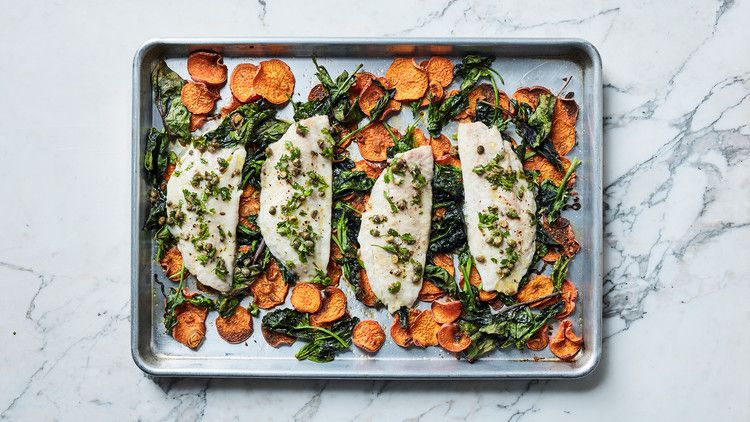 Roasted Sea Bass with Sweet Potatoes, Spinach, and Salsa Rustica 