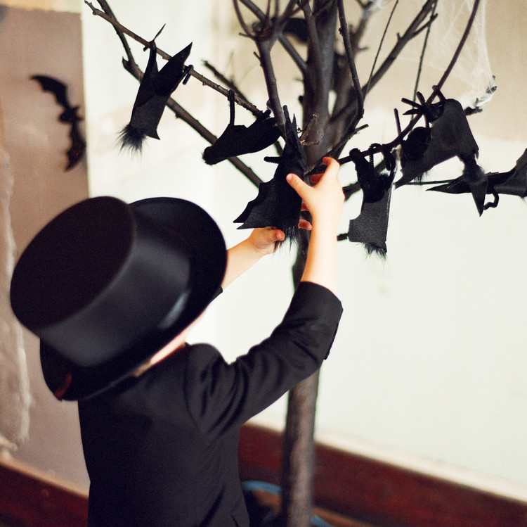 eli skeleton masquerade birthday party boy hanging black decoration on tree