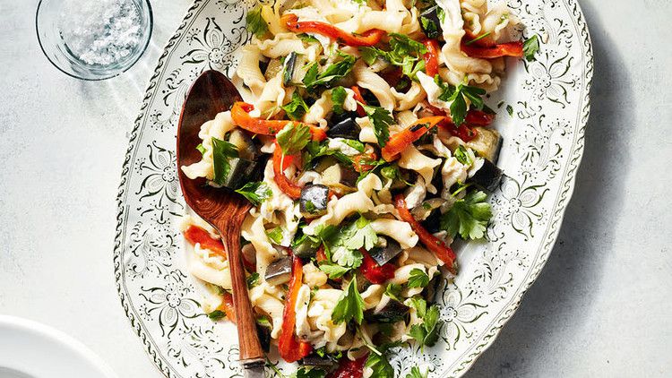 Eggplant and Roasted-Pepper Pasta image