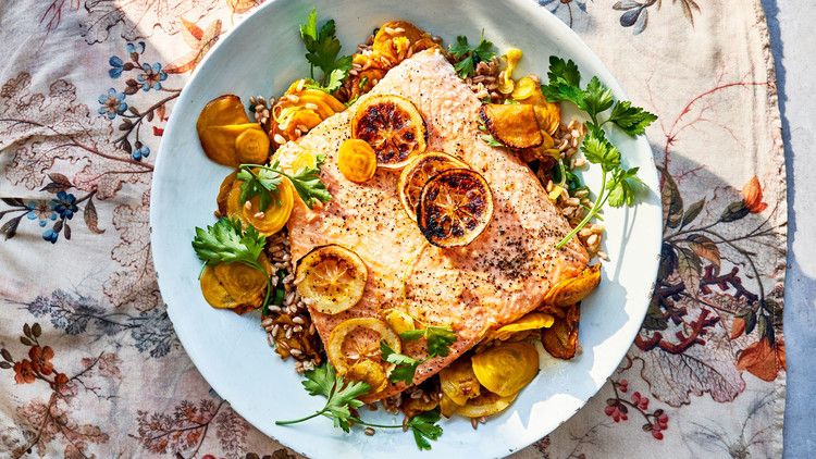 Slow-Roasted Salmon Salad with Barley and Golden Beets_image
